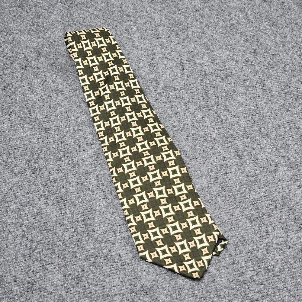 J Crew Necktie Green Beige Geometric‎ Lattice Pattern Squares Diamonds Grid - Picture 3 of 5